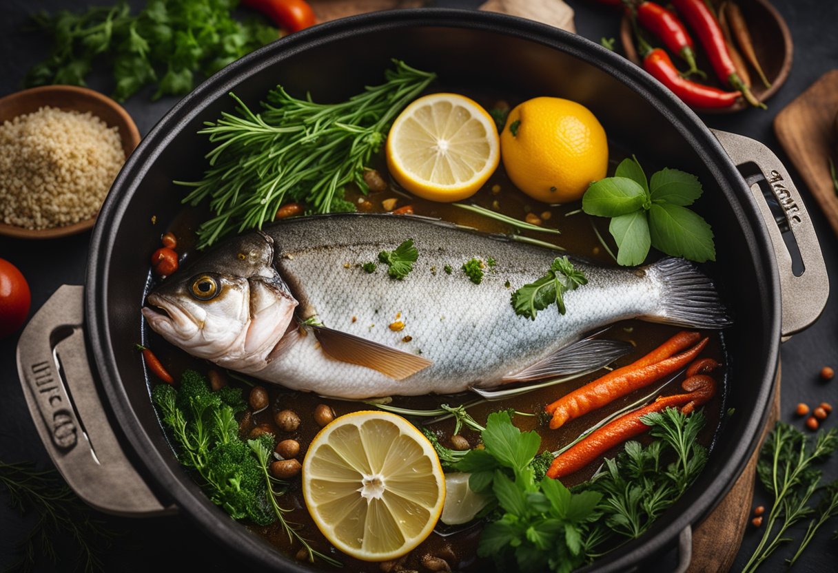 A whole fish steaming in a pot with traditional Jamaican seasonings, surrounded by vibrant herbs and spices