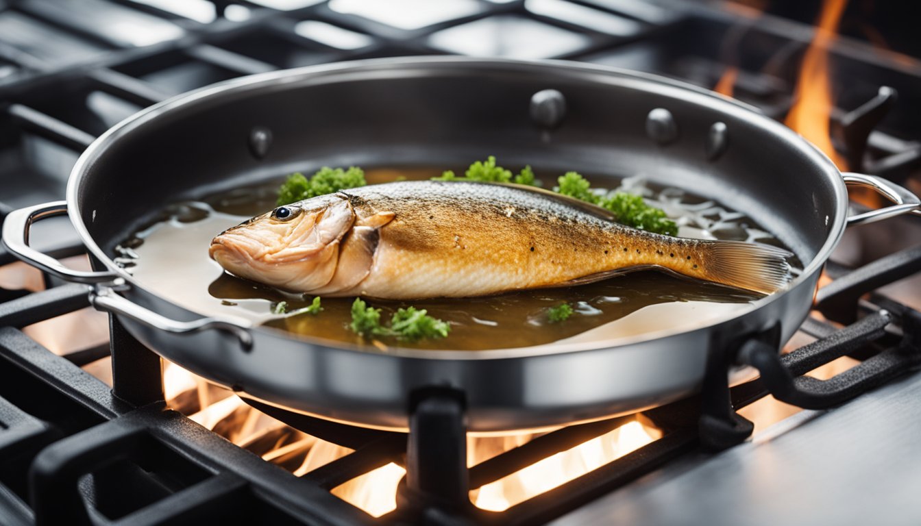 A pot of water boils on a stove. A whole fish is placed on a steaming rack above the water, with steam rising around it