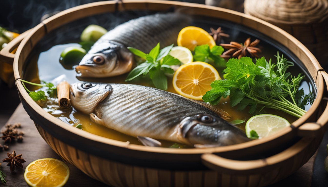 A whole fish steaming in a bamboo basket over a pot of boiling water, surrounded by aromatic herbs and spices