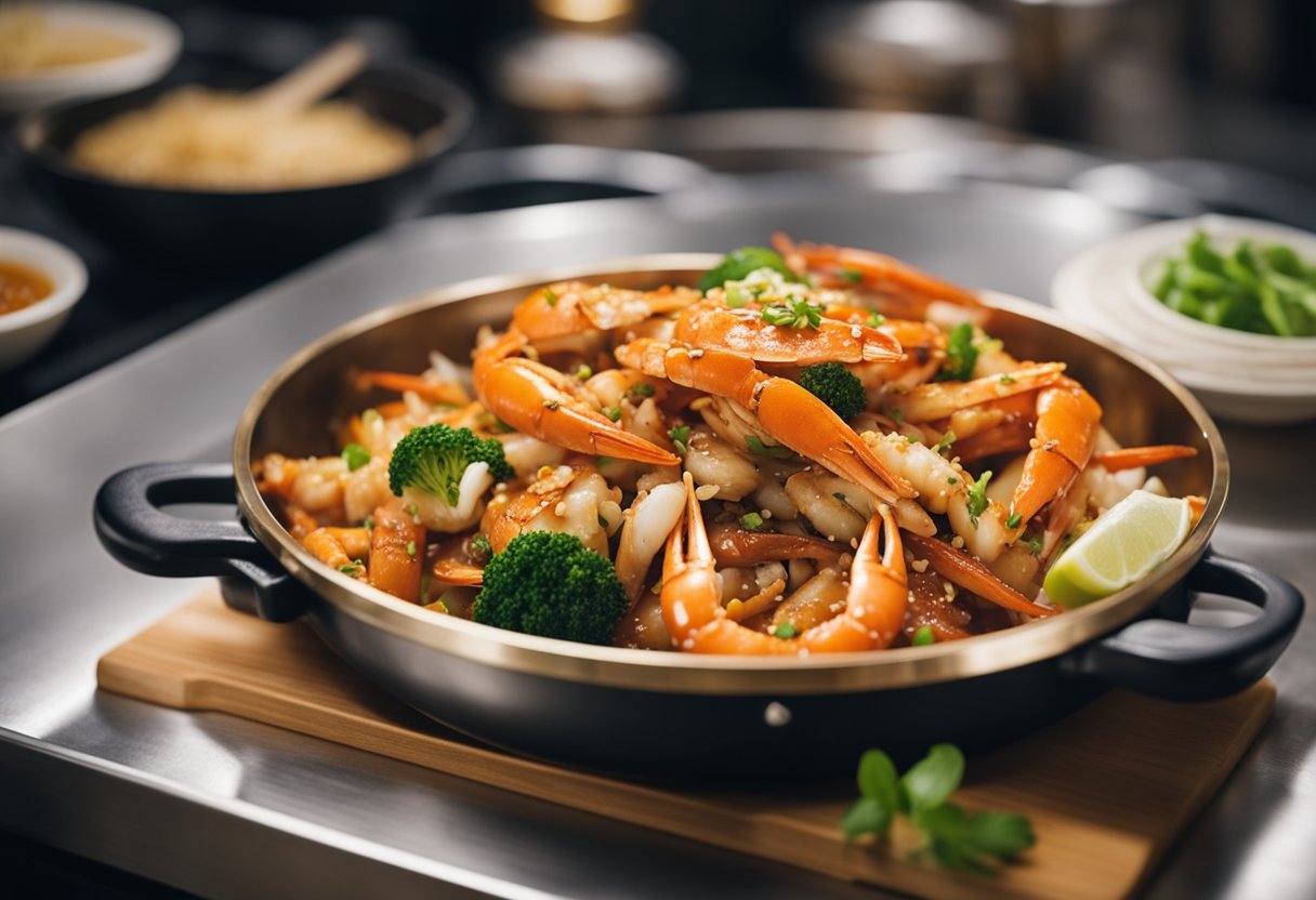 A chef stir-fries snow crab with garlic, ginger, and chili in a sizzling wok, adding soy sauce and oyster sauce for a savory Singaporean dish