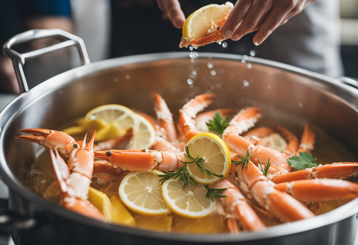 A pot of boiling water with snow crab legs being lowered in. Lemon slices and spices scattered on the counter