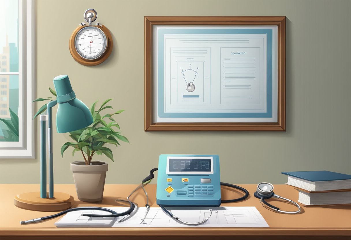 A stethoscope and ECG machine sit on a desk in a cardiologist's office. A framed diploma hangs on the wall