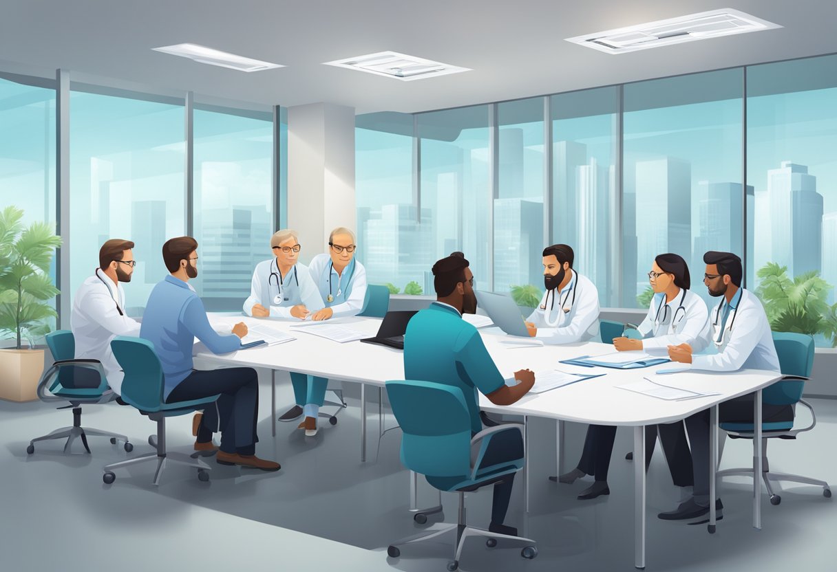 A group of cardiologists discussing patient charts and reviewing test results in a modern hospital conference room