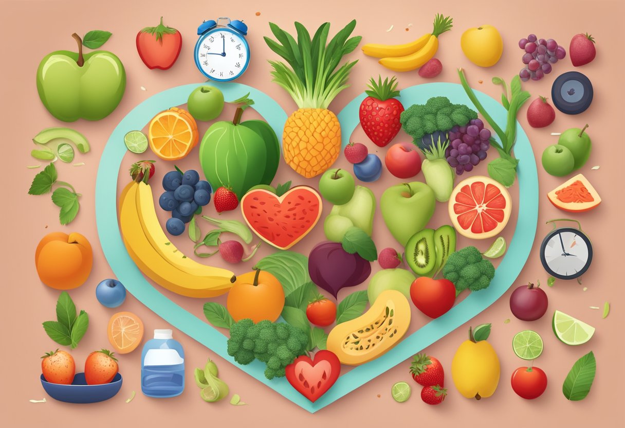 A heart with arteries and veins, surrounded by healthy lifestyle symbols like fruits, vegetables, exercise equipment, and a heart-healthy diet plan