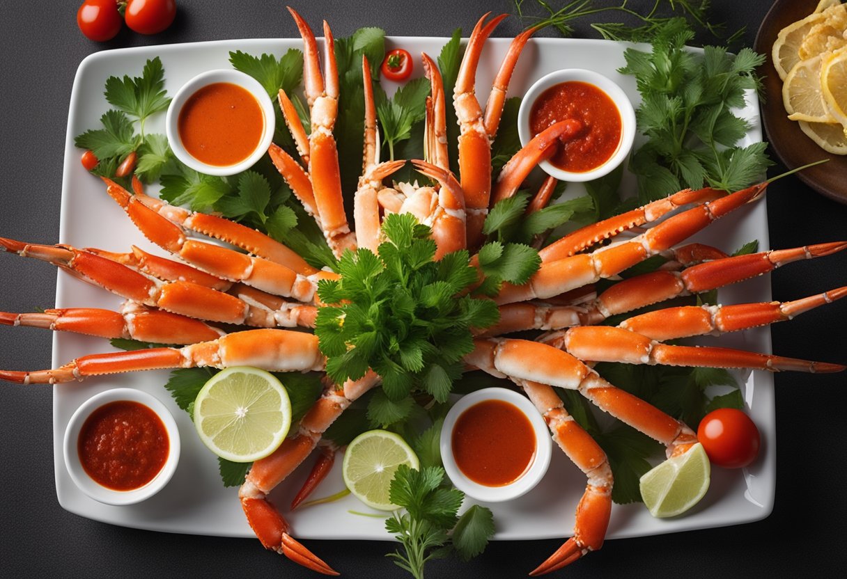 Snow crab legs arranged on a platter with a side of spicy chili sauce and garnished with fresh herbs