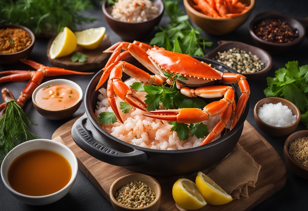 A steaming pot of snow crab legs surrounded by aromatic spices and herbs, with a bowl of tangy Singaporean dipping sauce on the side