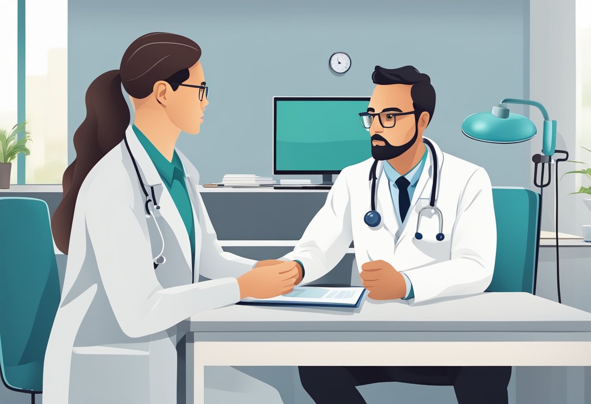 A doctor and patient discussing cardiology topics in a clinic setting