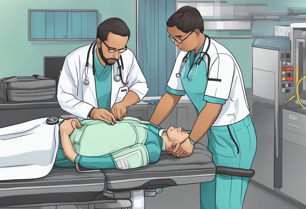 Medical team administers CPR and defibrillation to patient in heart failure emergency
