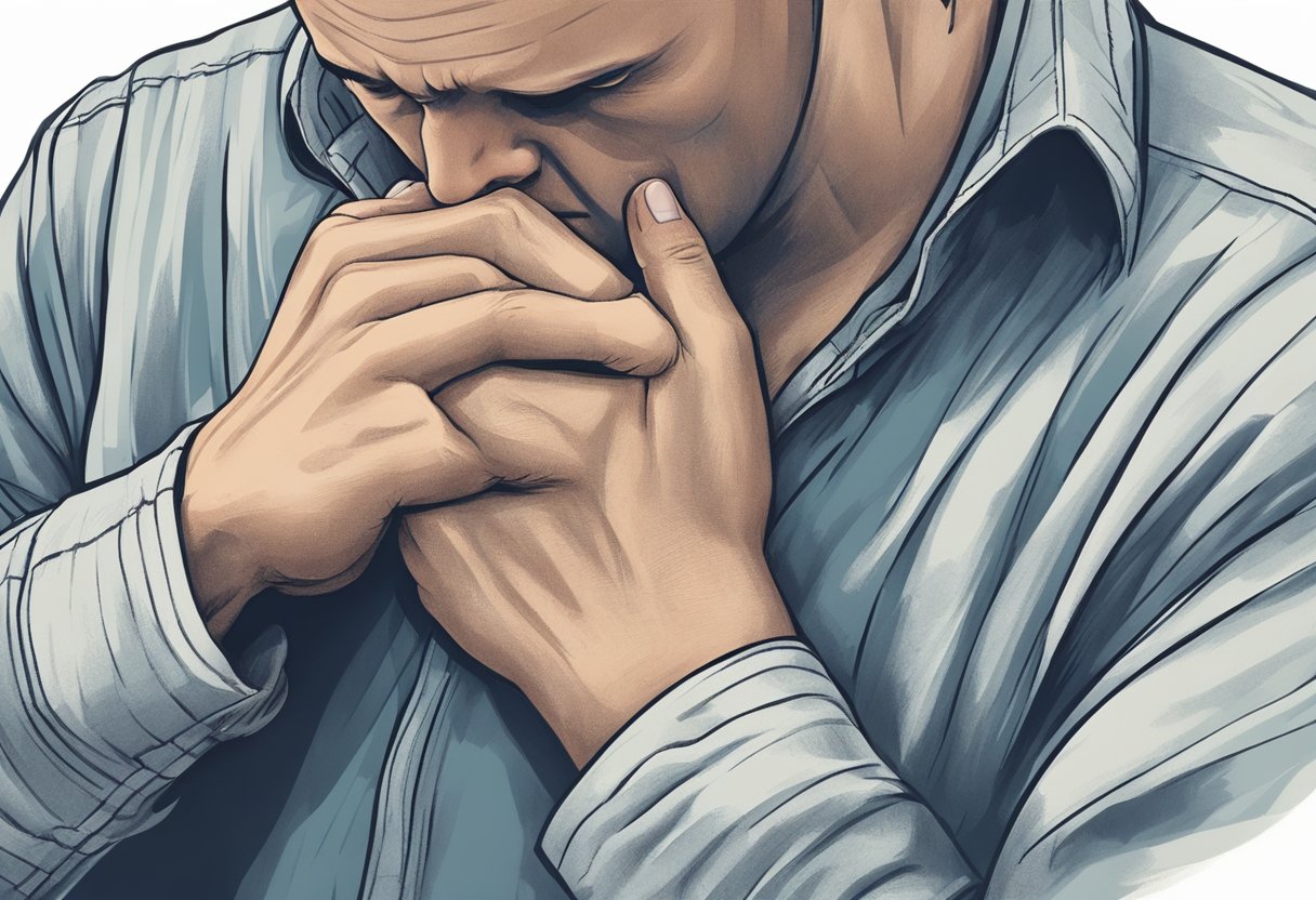 A person clutching their chest in pain, grimacing, with a focus on the lower left side of the chest