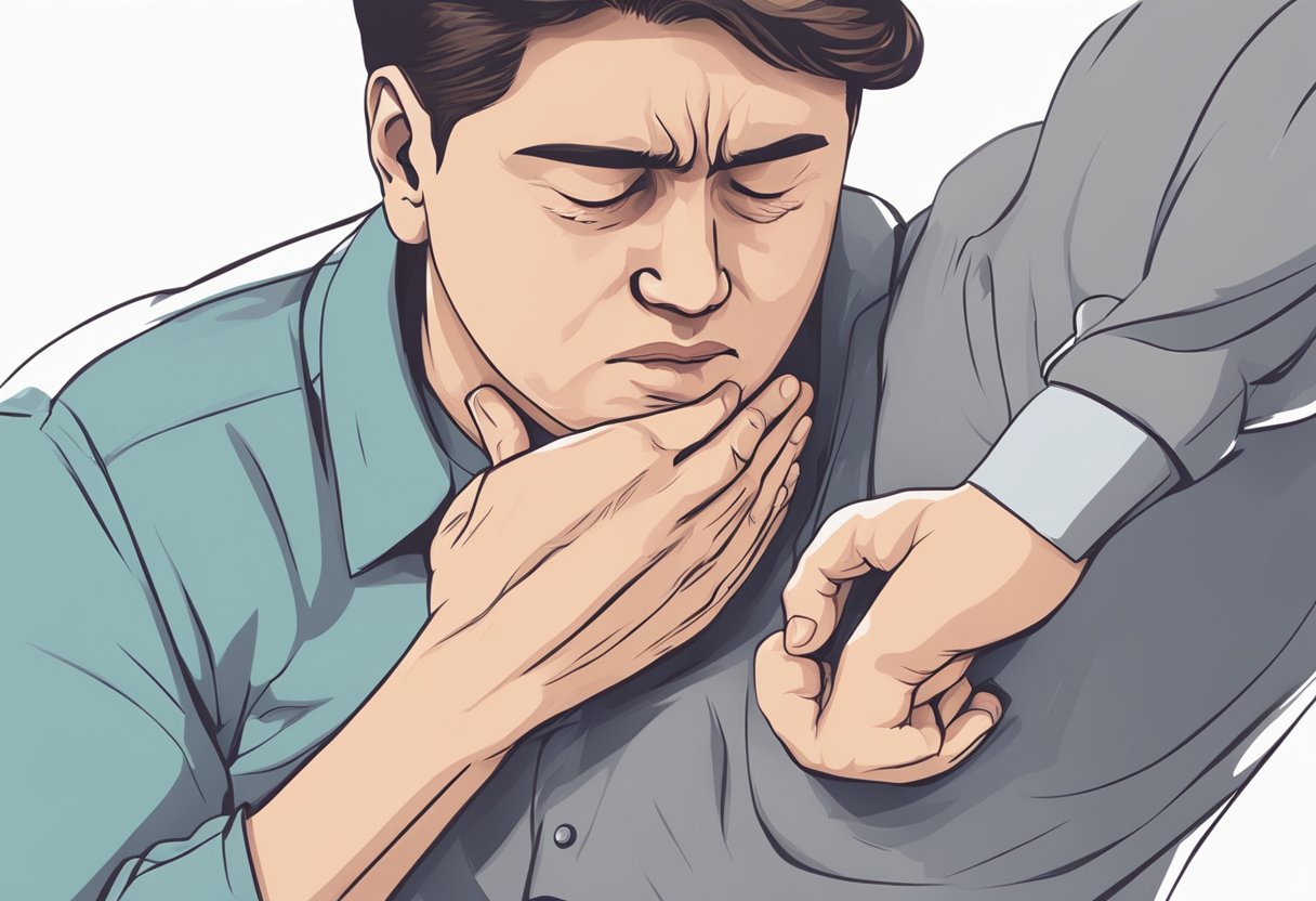 A person clutching their chest in pain, with a focus on the lower left side. Facial expression shows distress
