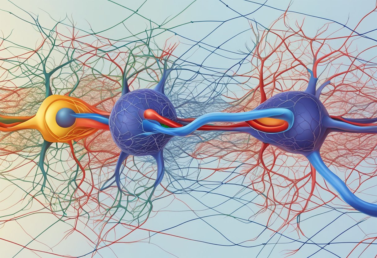 A network of blood vessels constrict and dilate, while the sinoatrial node sends electrical signals to regulate heart rate
