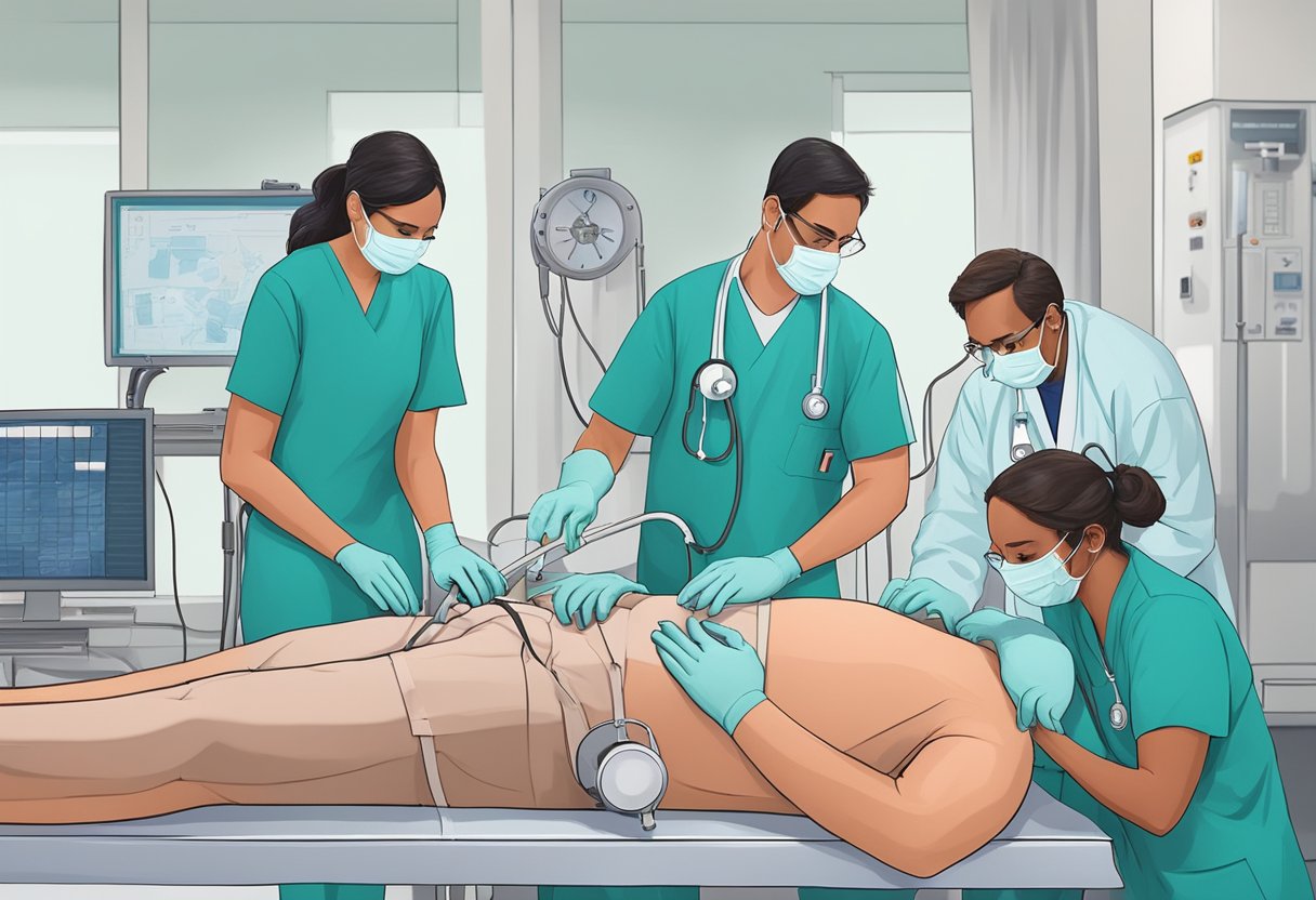Medical team administering emergency treatment for heart failure, while assessing and stratifying patient's risk