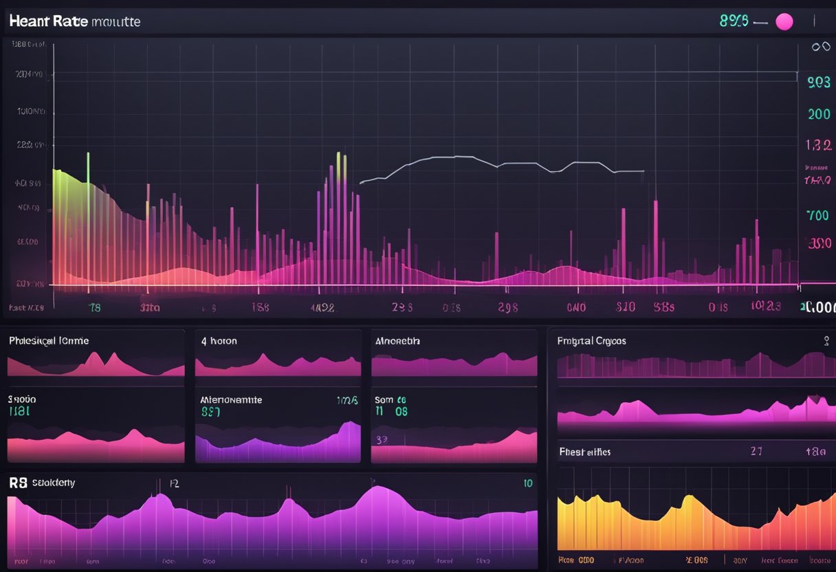 A heart rate monitor displays fluctuating beats per minute, while a chart shows the relationship between physical activity and heart rate