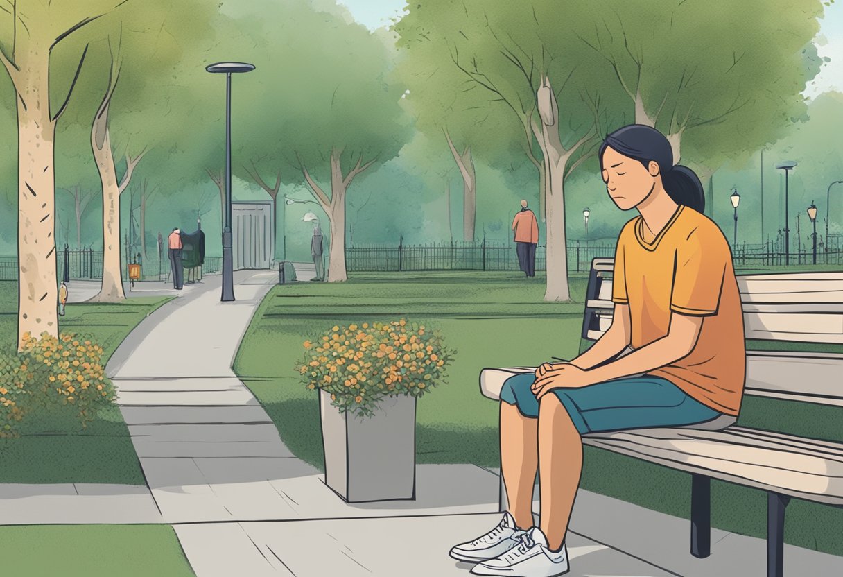 A person sitting on a park bench, clutching their chest in pain, with a pained expression on their face. Nearby, a sign lists different treatment options and lifestyle modifications for heart pain on the lower left side