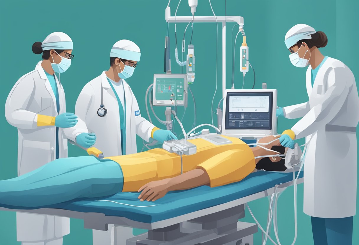 Medical team administering emergency heart failure treatment. IV fluids, oxygen, and medication being administered. Monitors and equipment in use