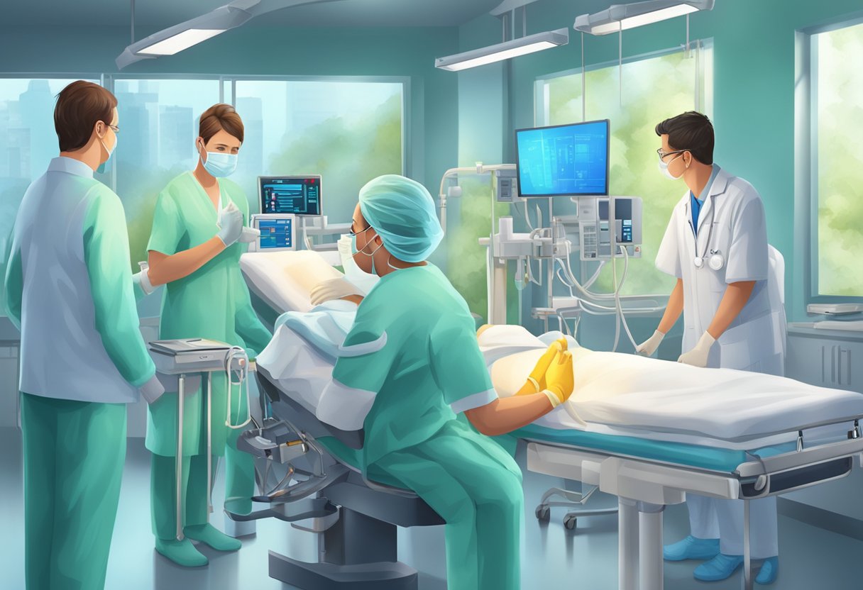 A medical team swiftly administers emergency treatment for heart failure, using advanced equipment and medication