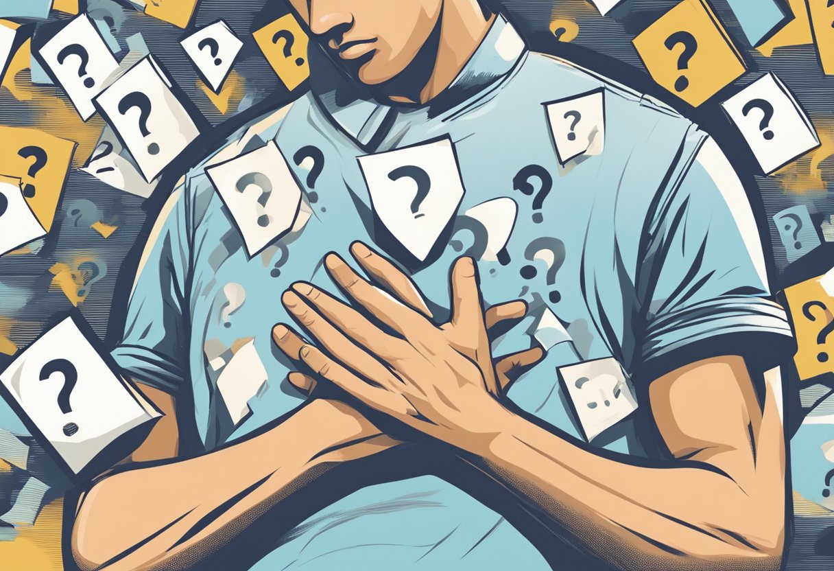 A person clutching their chest in discomfort, with a focus on the lower left side, surrounded by question marks