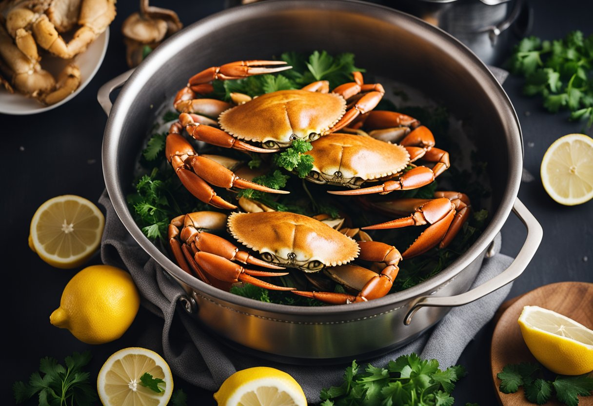 A large steaming pot with whole crabs, a bowl of melted butter, and a platter with lemon wedges and parsley