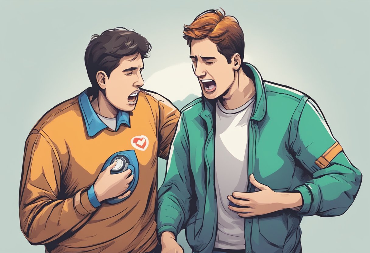 A person clutching their chest, grimacing in pain, while another person calls for help and fetches a defibrillator