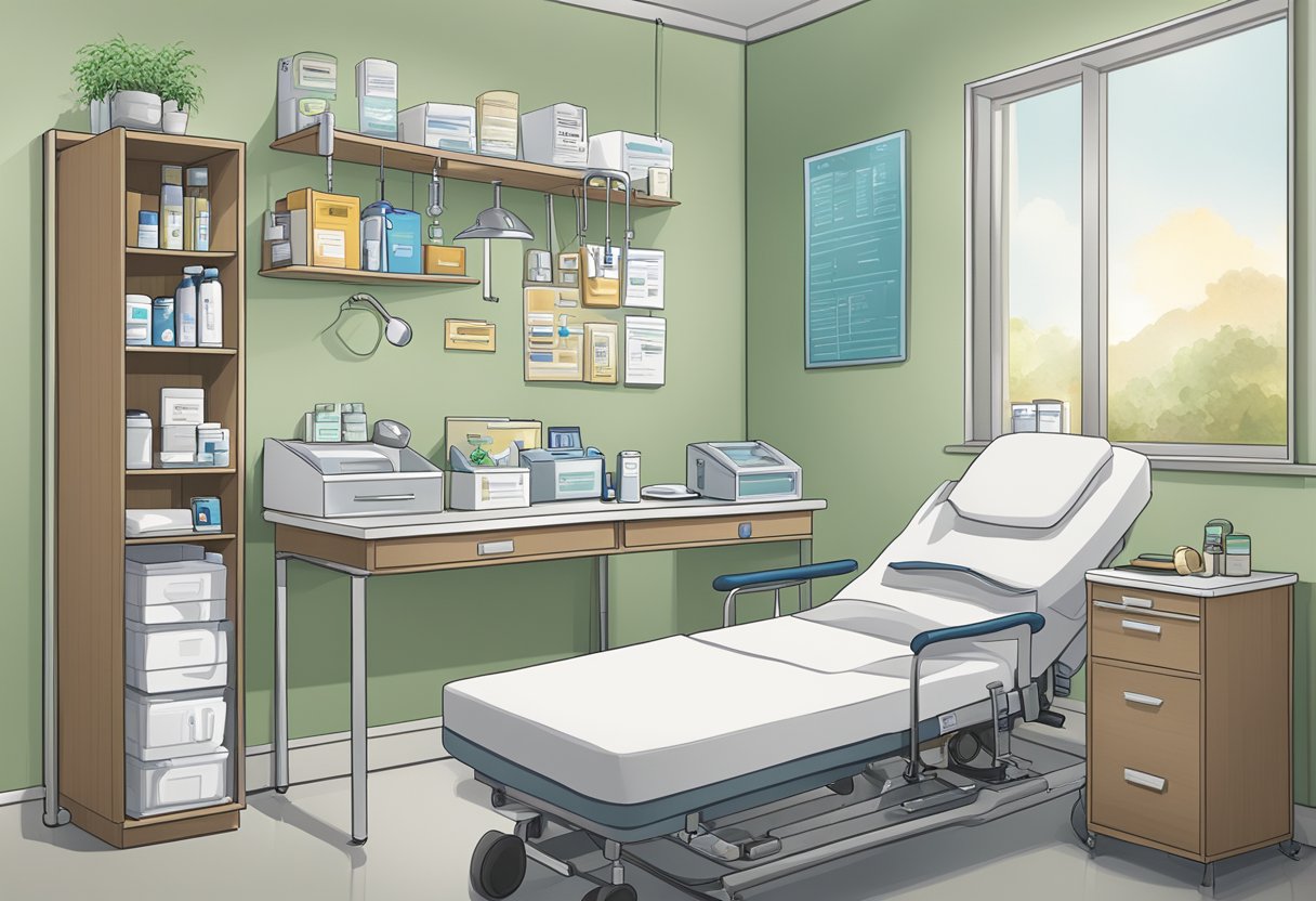 A patient's room with medical equipment, medication, and a care plan displayed on a table