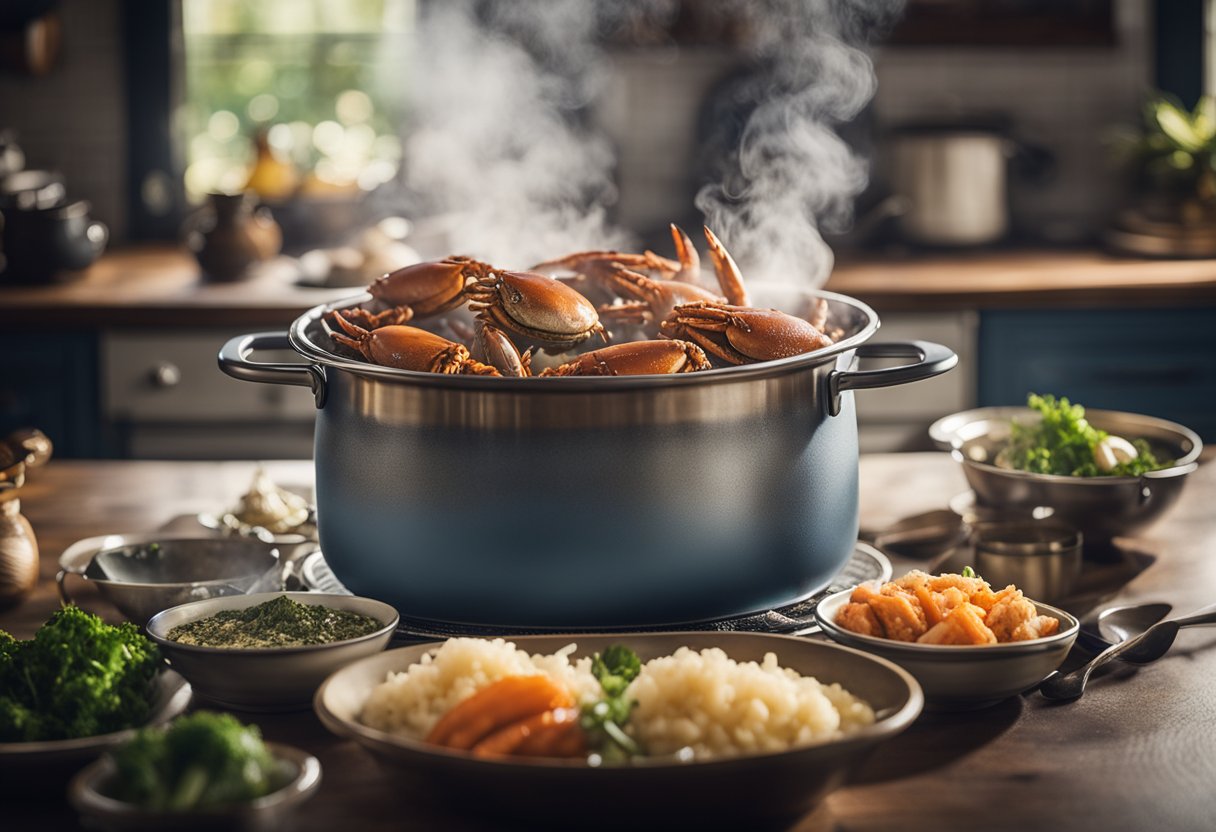 A large pot of boiling water with steam rising, surrounded by fresh, whole crabs and various seasonings