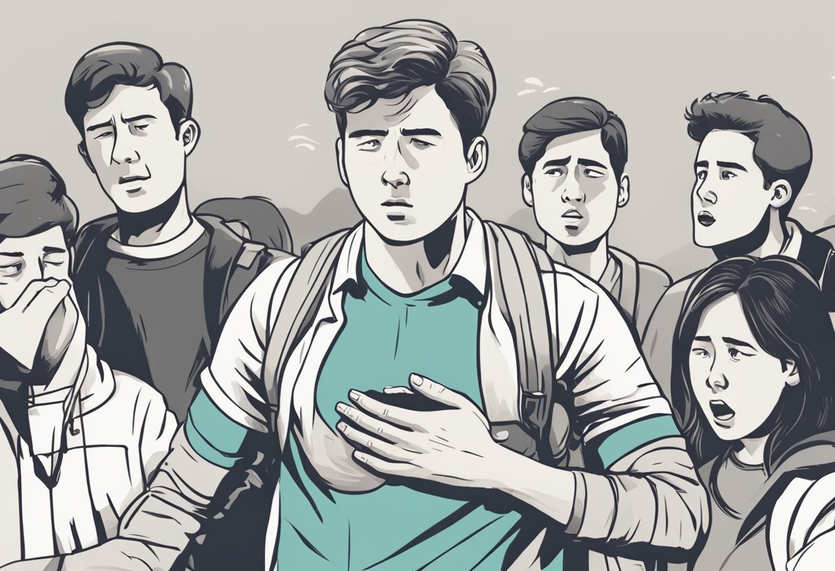 A person clutching their chest, looking distressed. Others around them calling for help and fetching an AED