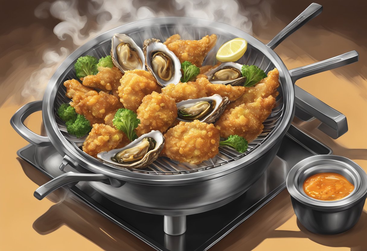 A sizzling hot wok fries plump oysters, as steam rises and the aroma of savory sauce fills the air