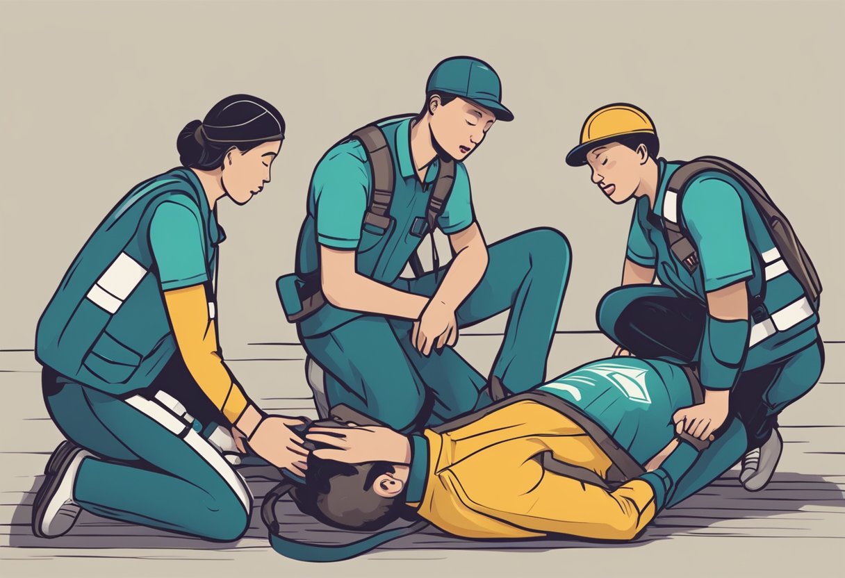 A person lying on the ground, clutching their chest in pain. Another person is calling for help while a third person is retrieving a defibrillator