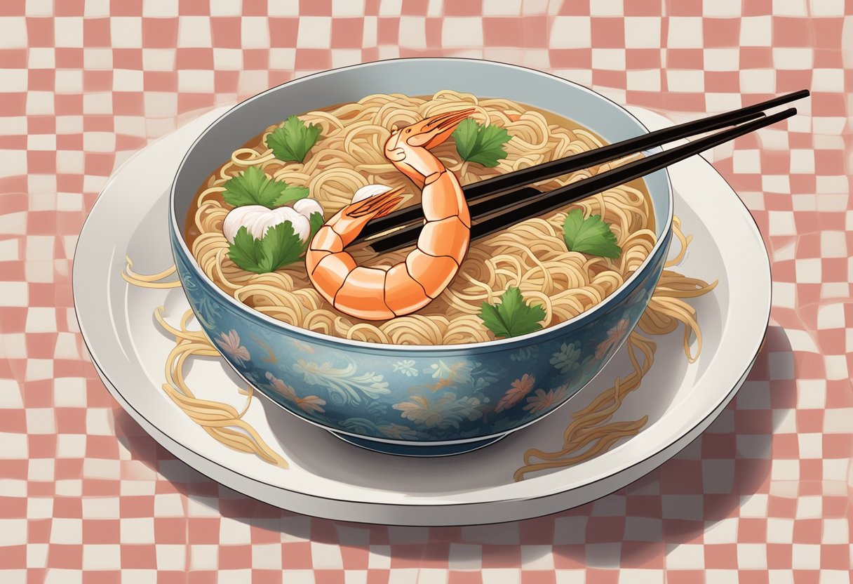 A steaming bowl of prawn noodles sits on a checkered tablecloth, surrounded by chopsticks and a spoon. Steam rises from the rich broth, and fresh prawns and noodles are visible in the bowl