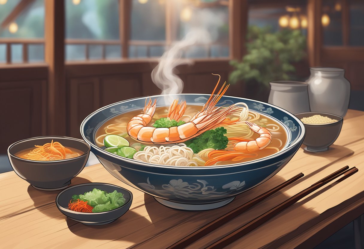 A steaming bowl of prawn noodle soup sits on a wooden table, surrounded by condiments and chopsticks. The warm, inviting atmosphere of the restaurant is evident in the background