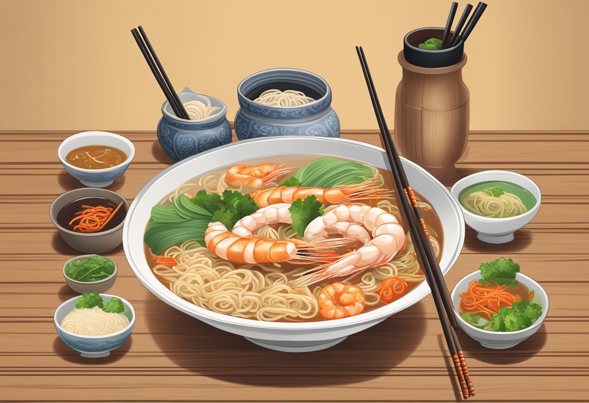 A steaming bowl of prawn noodle soup surrounded by condiments and chopsticks on a wooden table