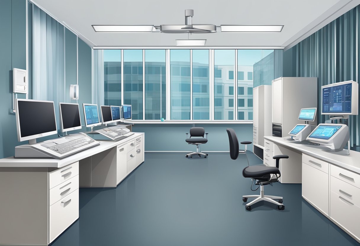 A modern medical office with cardiology equipment and monitors