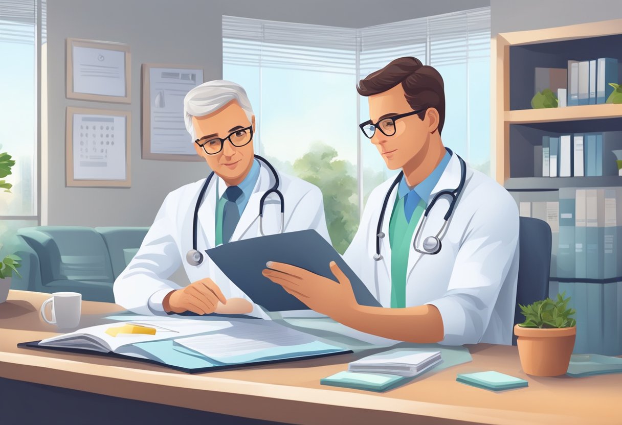 A doctor reviews patient records and consults medical guidelines for cardiology management