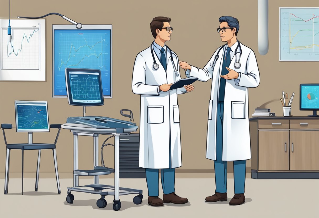 A doctor explaining cardiology procedures with medical equipment and charts in the background