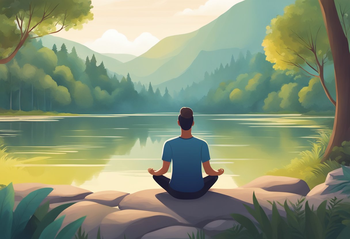 A person sits in a peaceful setting, surrounded by nature. They take deep breaths and practice mindfulness to lower their heart rate after exercise