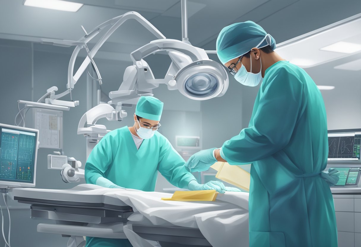 A cardiothoracic surgeon operates in a sterile operating room, while a cardiologist reviews patient charts in a modern, well-lit office