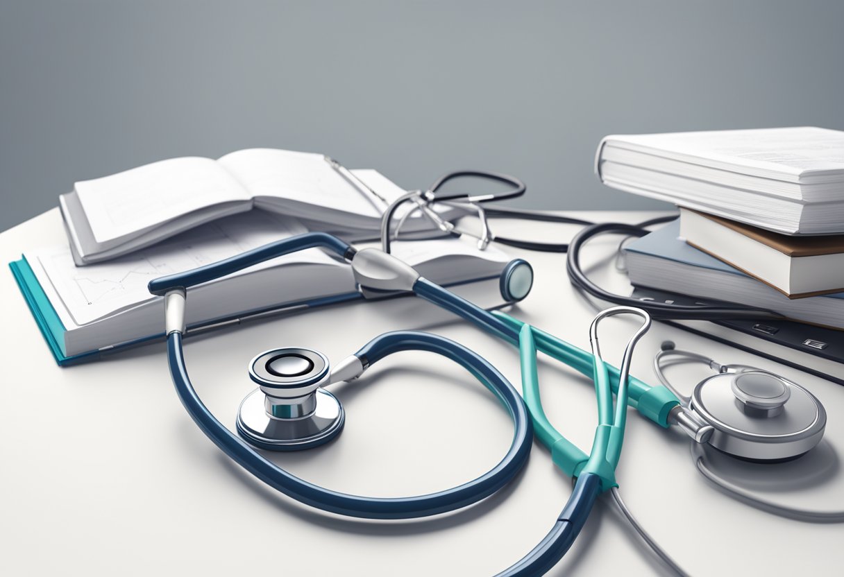 A stethoscope and a heart monitor sit on a clean, white medical table, surrounded by textbooks and medical equipment