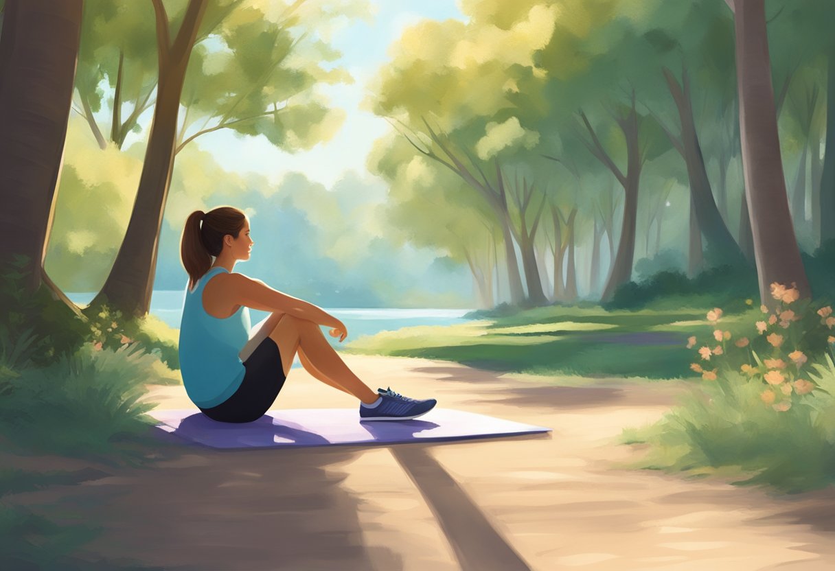 A person finishes exercising and sits down to rest, taking deep breaths and sipping water. The surroundings are peaceful and serene, with gentle sunlight filtering through the trees