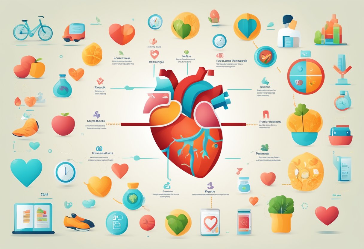 A healthy heart surrounded by symbols of prevention: exercise, healthy diet, no smoking, regular check-ups