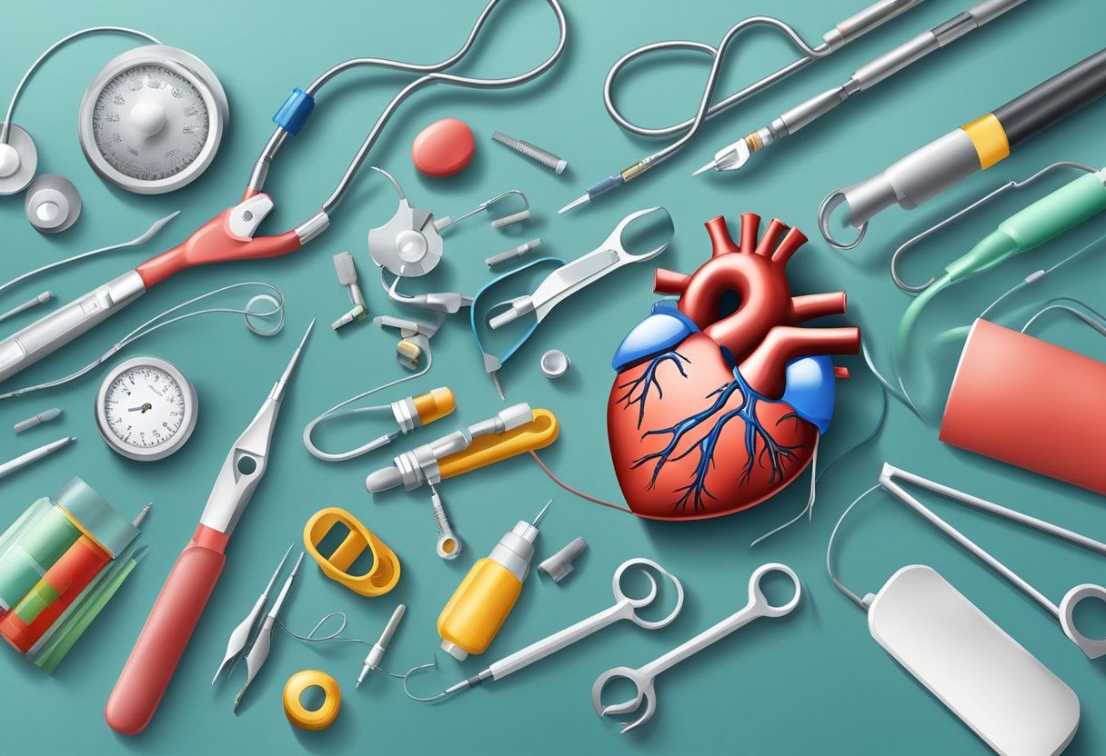 A heart being mended by medical tools and equipment