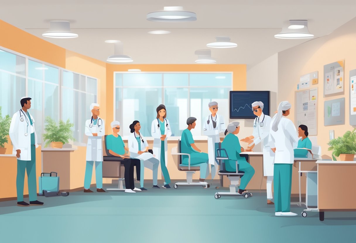 A busy cardiology clinic with patients in waiting room and doctors in consultation rooms. Medical equipment and heart diagrams on walls