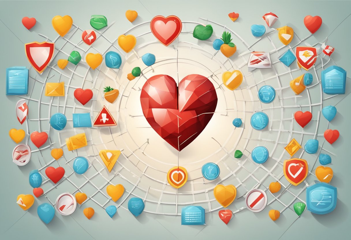 A healthy heart surrounded by protective barriers and warning signs