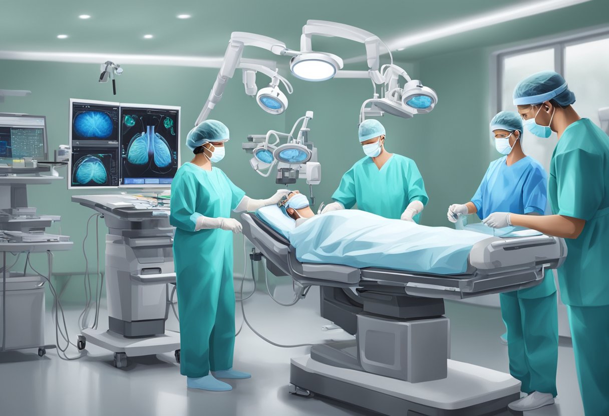 A surgeon performing a cardiothoracic procedure with advanced medical equipment and monitors, while a team of specialists assists with interventions and surgical techniques