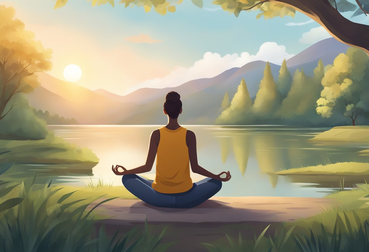 A person sits in a peaceful setting, practicing deep breathing and meditation to lower their heart rate after exercise. The surroundings are calm and serene, with gentle nature sounds in the background