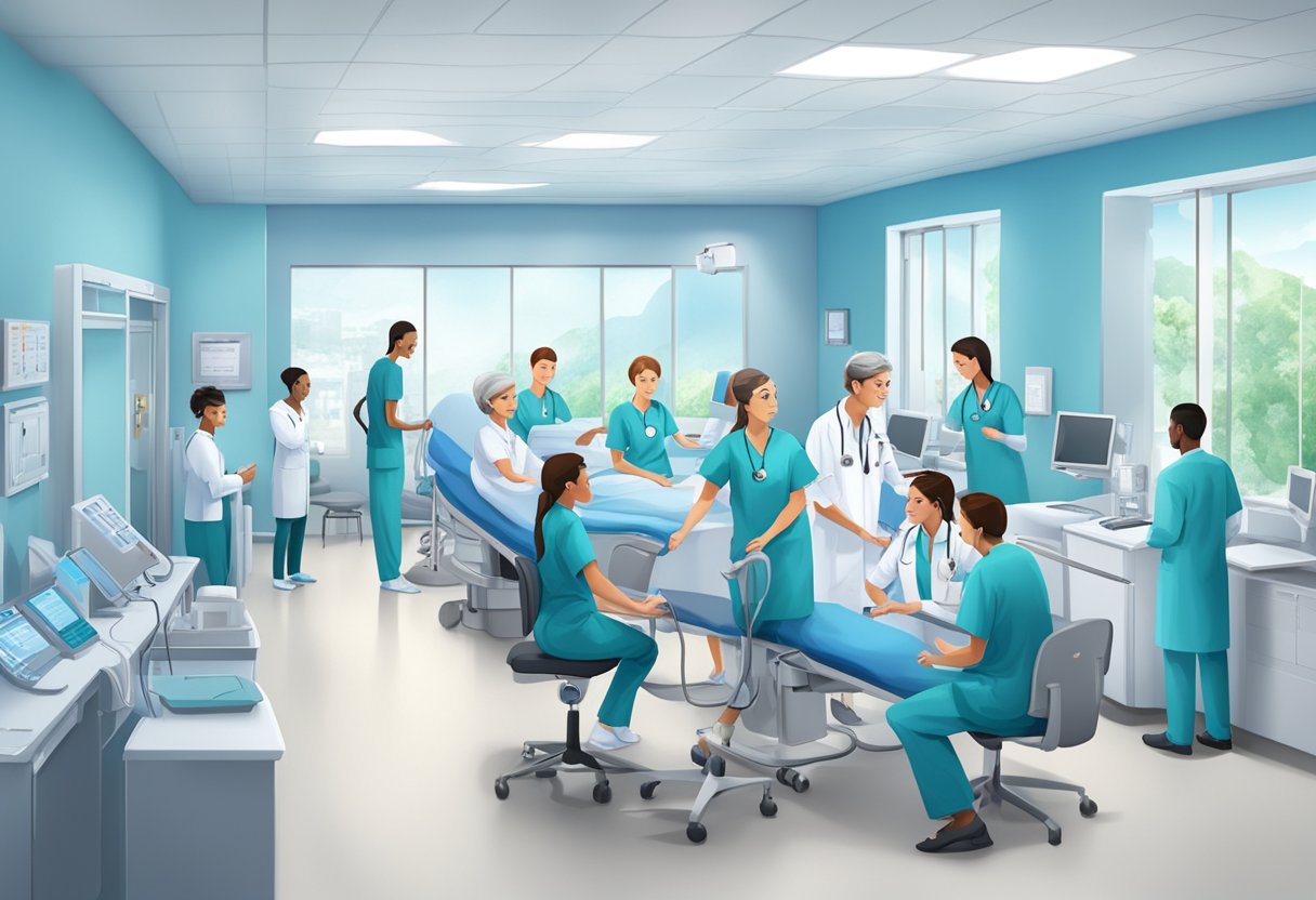 A bustling cardiology clinic with doctors and nurses attending to patients, medical equipment and monitors filling the room, and a calming blue and white color scheme