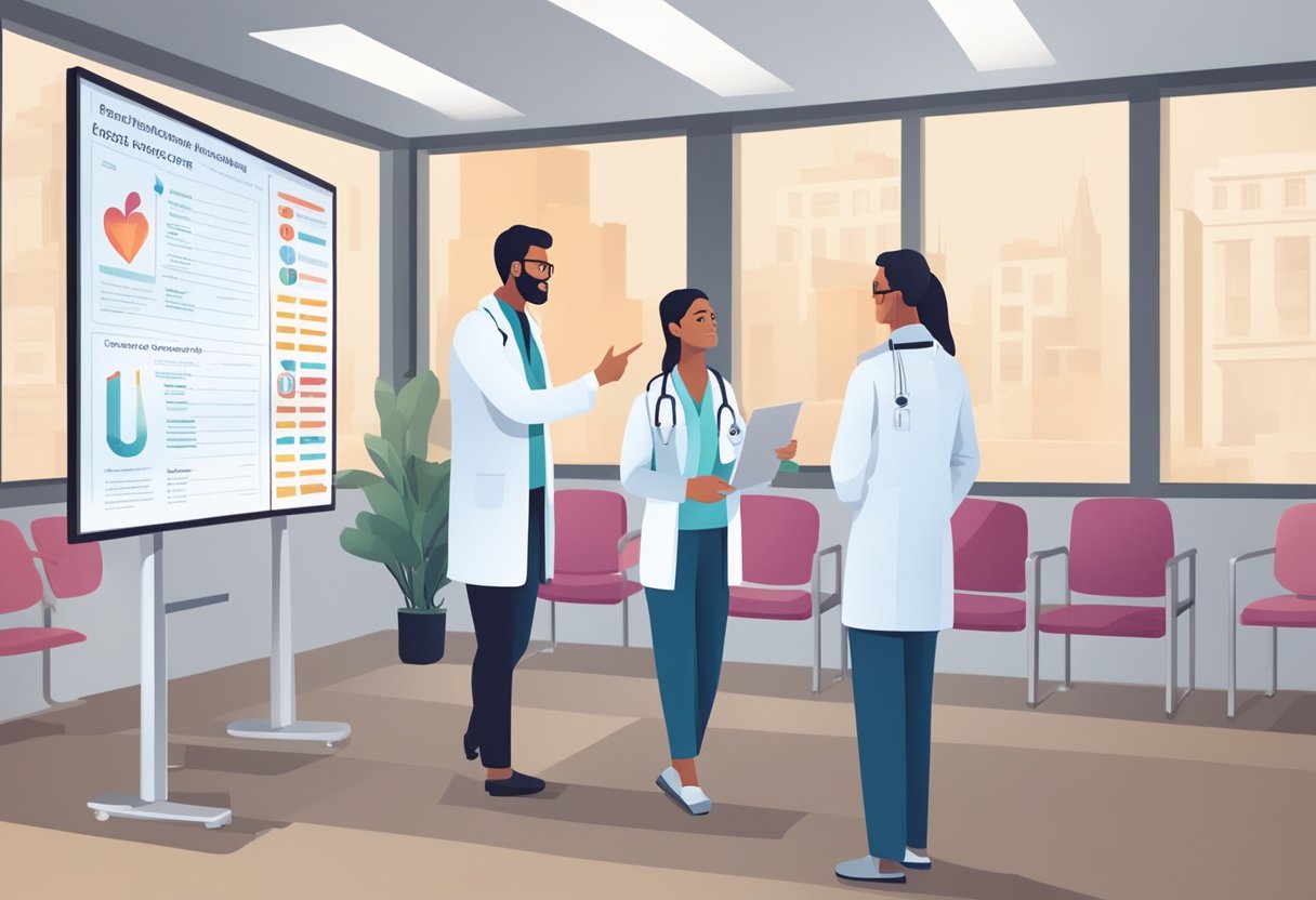 A doctor stands beside a large display board, pointing to FAQs about cardiothoracic and cardiology. Patients sit in a waiting area, reading pamphlets