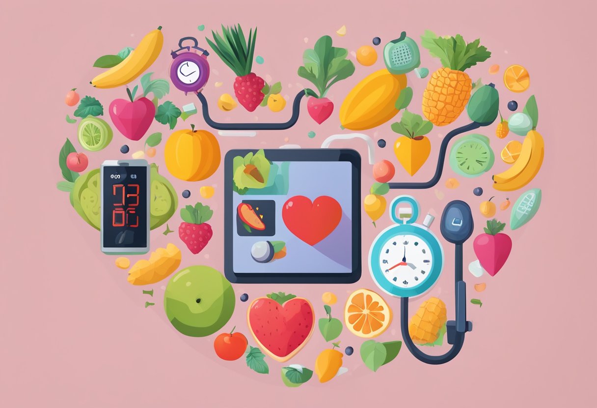 A heart with a question mark hovering above it, surrounded by various healthy lifestyle symbols like fruits, vegetables, exercise equipment, and a heart rate monitor