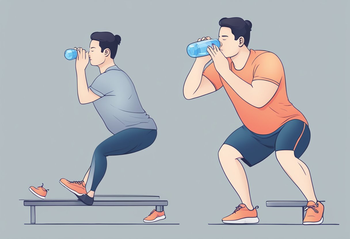 A person exercising, then checking their pulse, taking deep breaths, and drinking water to lower their heart rate