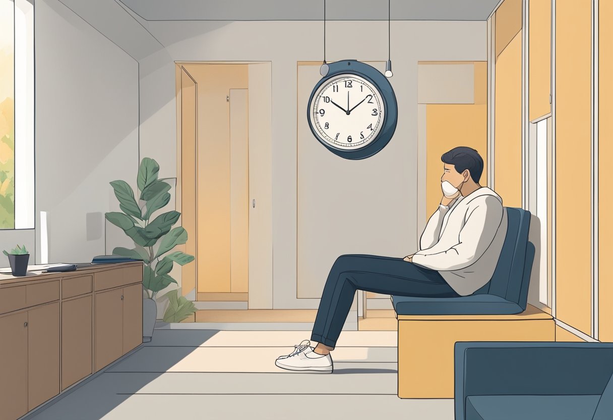 A person sits in a quiet room, focusing on deep breathing. A clock on the wall ticks softly as the person's chest rises and falls rhythmically