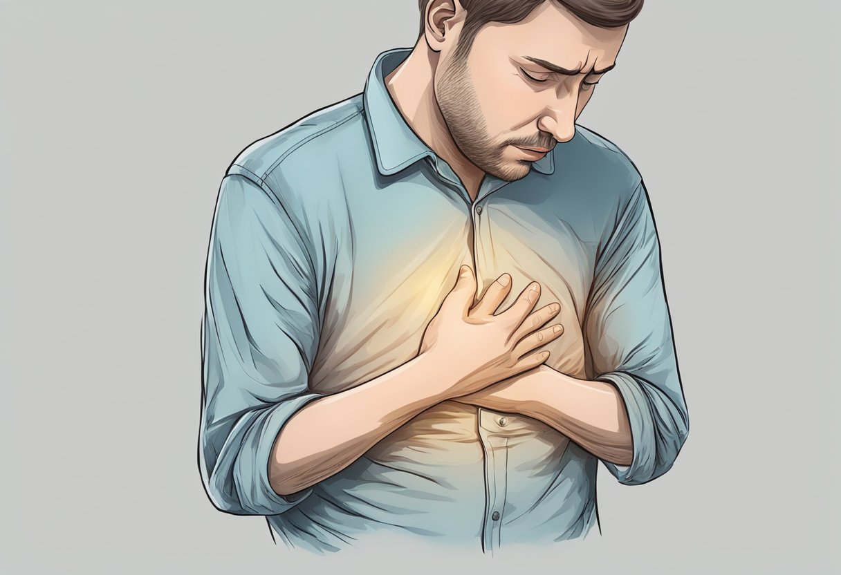 A person clutching their chest, wincing in pain. Shortness of breath, fatigue, and dizziness. Palpitations and swelling in the legs
